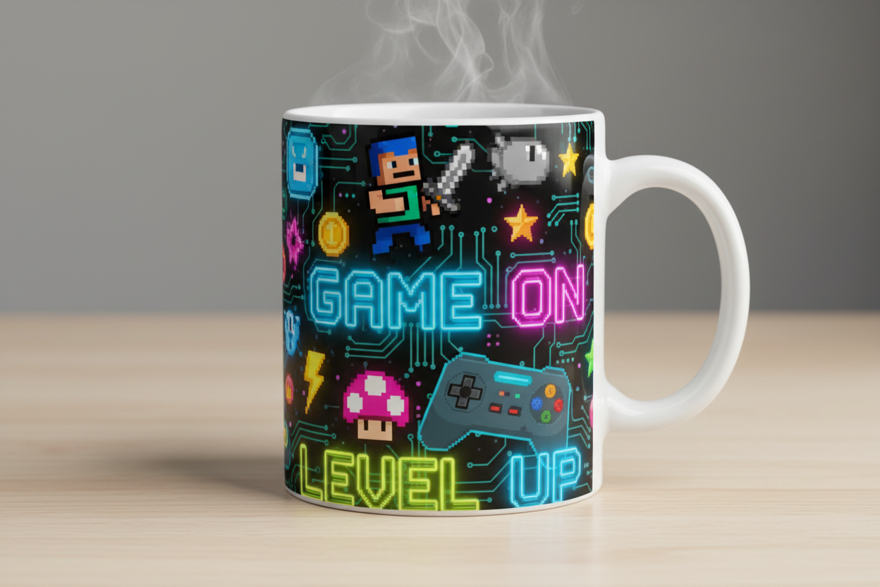 mug with gaming images and text 